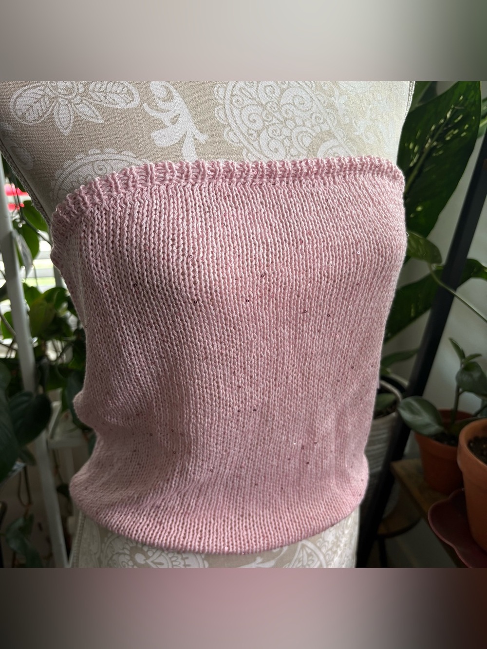 Y2K Inspired Sparkly Pink Sequin Knit Tube Top